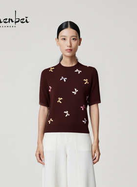 ZB/珍贝2025年秋冬新品羊绒高支纱圆领嵌花女中袖百搭正/56535-1