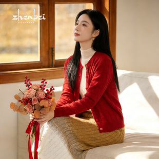 ZB/珍贝秋冬新款新年红圆领格子女开衫山羊绒100%时尚百搭/55482