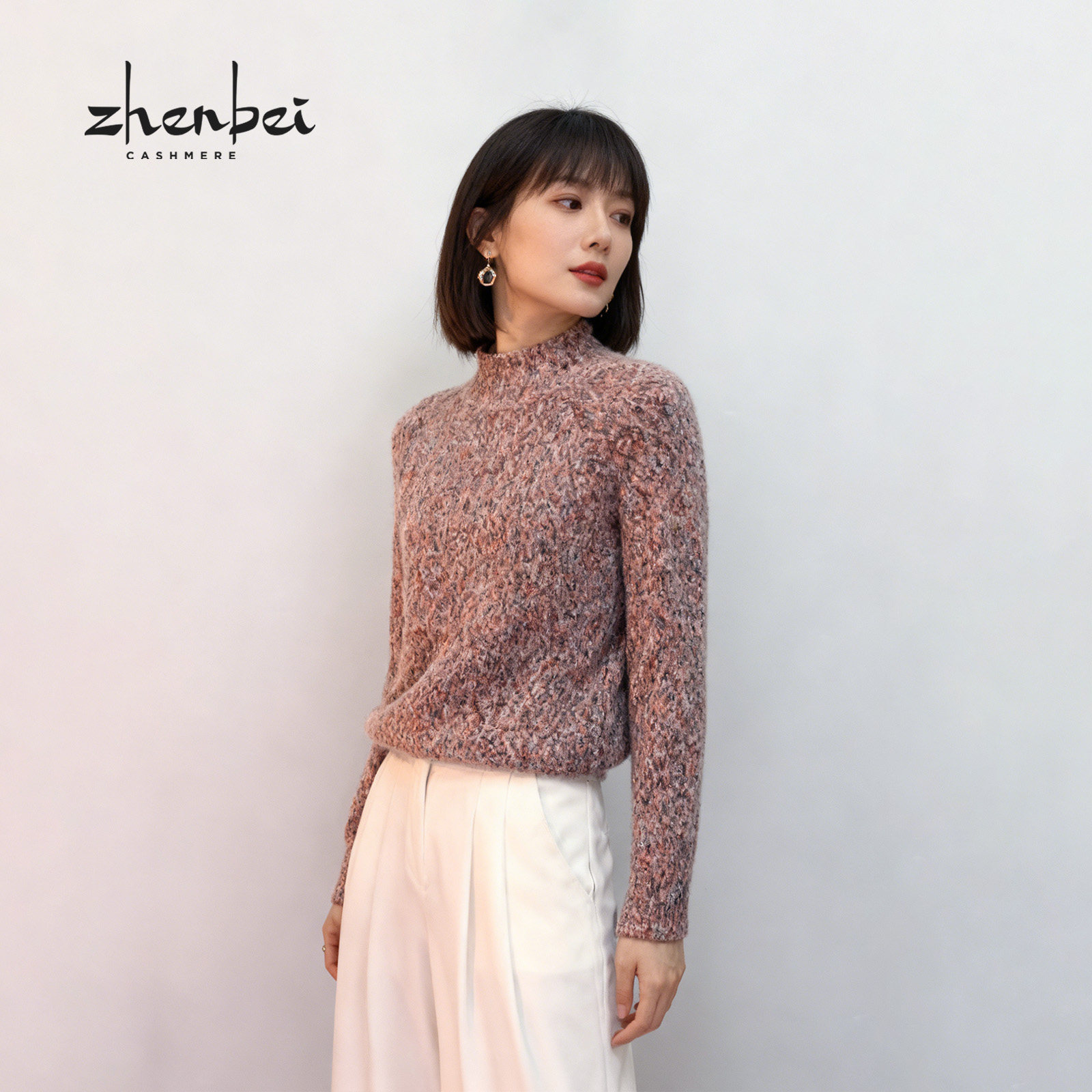 ZB/珍贝秋冬新款山羊绒半高领花纱女衫时尚百搭套头通勤折/H61057