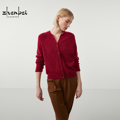 珍贝专柜同款山羊绒圆V领女开衫