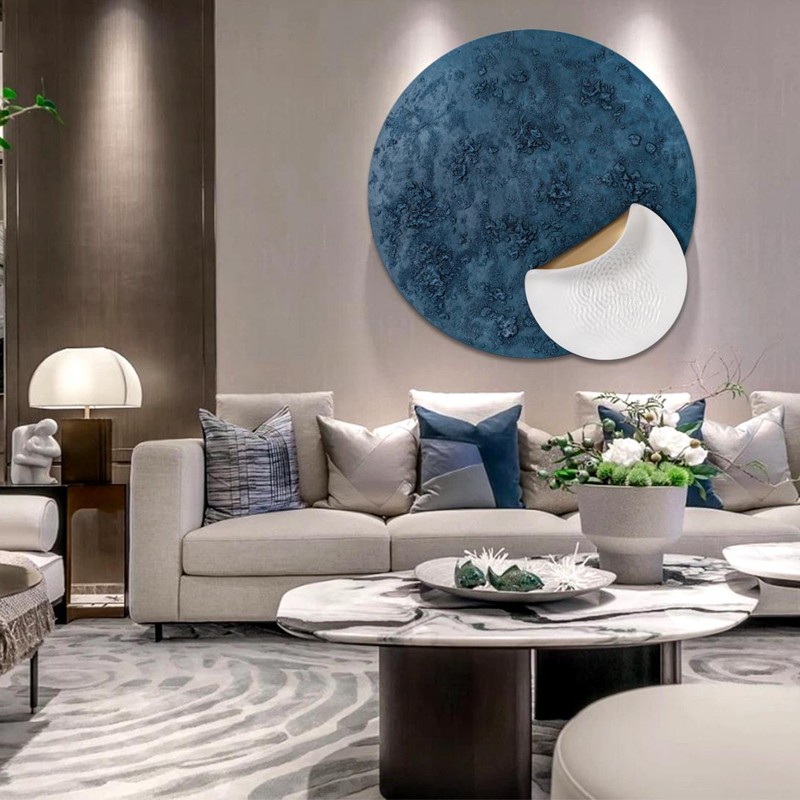 新中式现代简约轻奢客厅玄关书房立体创意实物画装饰画圆形蓝色