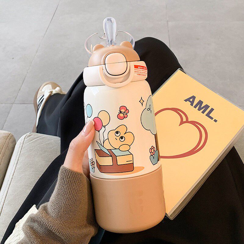 可爱保温杯女生带吸管水杯女新款2024高颜值可携式学生儿童双饮杯