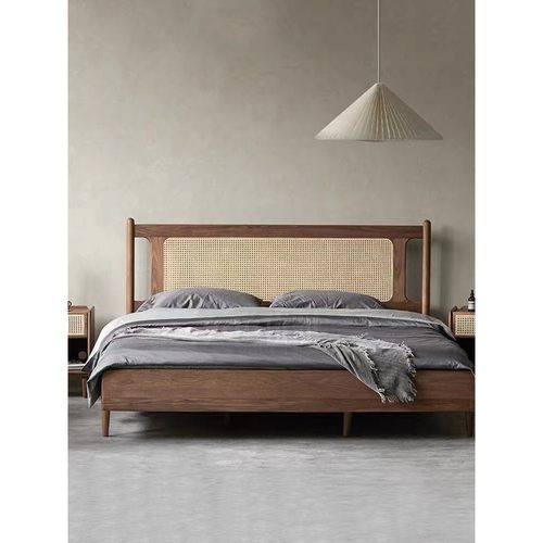 复古实木双人床民宿1.5米单人床1.8米主卧床简约藤编装饰木床