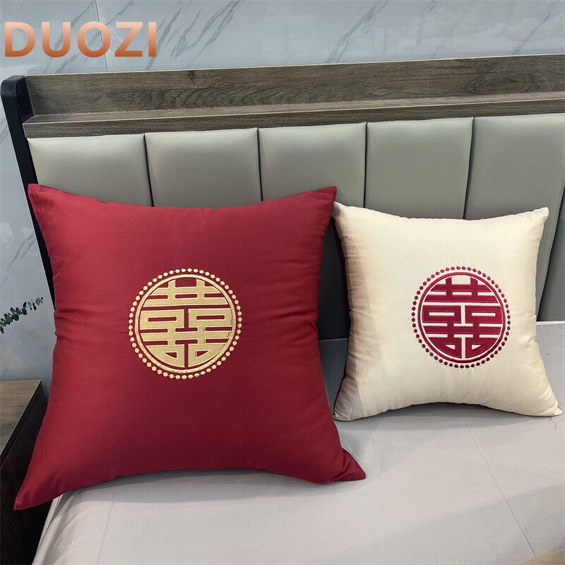 100支长绒棉酒红靠垫婚庆纯棉刺绣抱枕套结婚床品60*60CM45*45CM