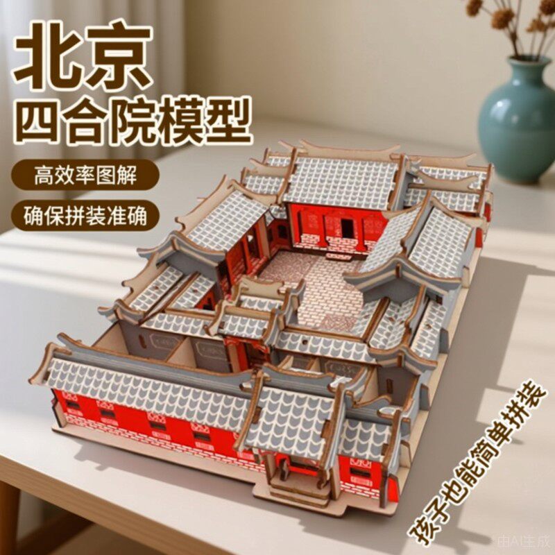 北京四合院木质模型3D立体拼图手工建筑拼装木制民居材料手工拼装