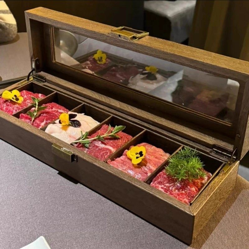 韩式烤肉六格带盖子拼盘创意日式雪花和牛拼盘潮汕牛肉火锅摆盘餐