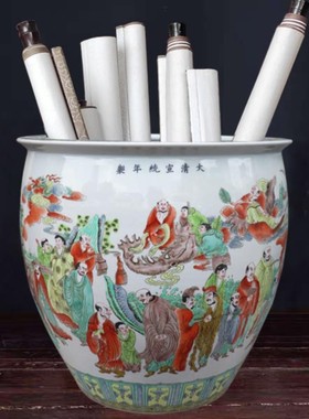 画缸景德镇陶瓷仿古卷轴缸字画收纳书房摆件手绘粉彩人物书画桶