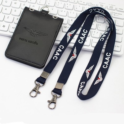 真皮民行CAAC机场证件卡套双扣挂绳航空飞行胸牌保护套加厚