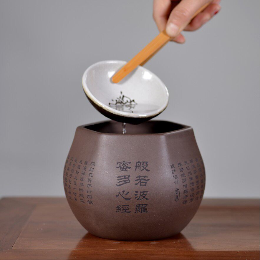田园风宜兴紫砂家用大号水盂笔洗中式六方茶洗茶渣缸零配包邮