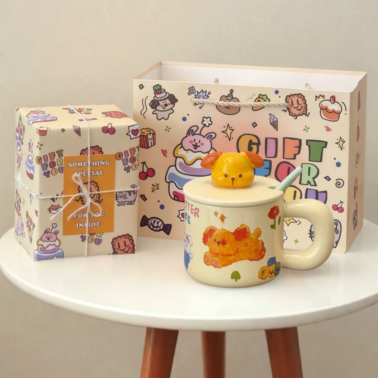 黄色可爱卡通小狗陶瓷大容量带盖勺马克杯喝水杯生日礼物女生实用