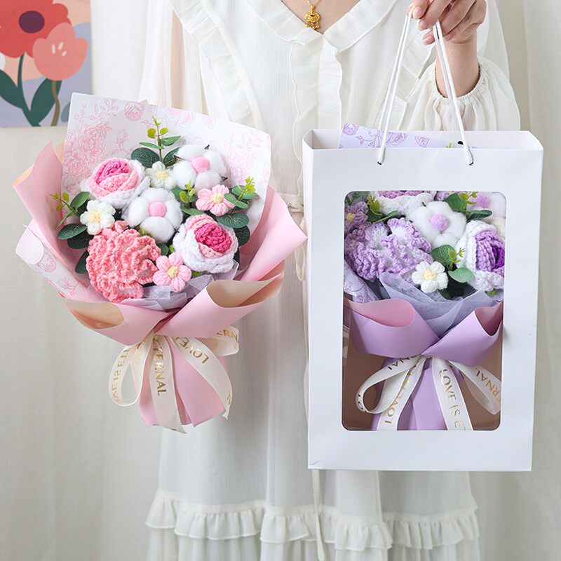 成品毛线针织花仿真康乃馨玫瑰花复古花束创意生日礼物送女友惊喜