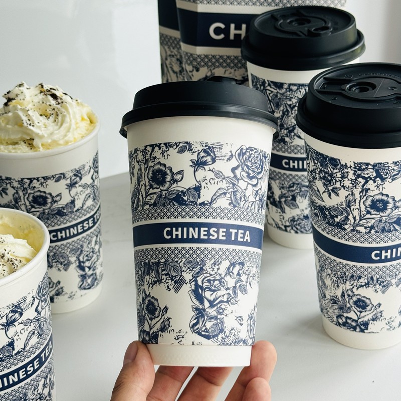 霸王茶姬同款一次性加厚奶茶纸杯中空杯咖啡杯双淋膜冷热杯子带盖图片