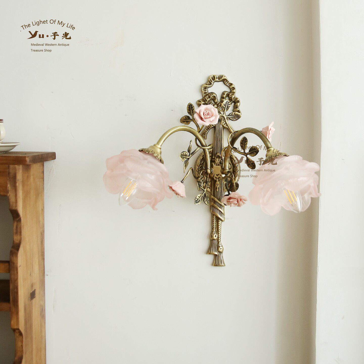 予光法式复古全铜玫瑰花朵壁灯欧式古典卧室牀头灯玄关走廊走道灯