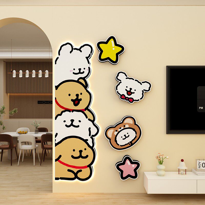 2025新款线条小狗电视机背景墙面装饰贴纸卡通发光挂壁画客厅改造