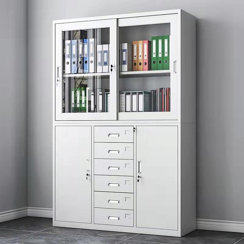 厂家钢制铁皮文件柜资料档案上玻璃门文件柜中6抽屉文件柜