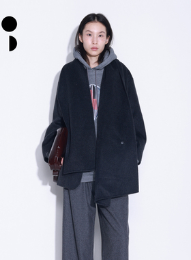 WZWJ/未知未觉中长款高级感重磅羊毛呢围巾领慵懒大衣W544D17614