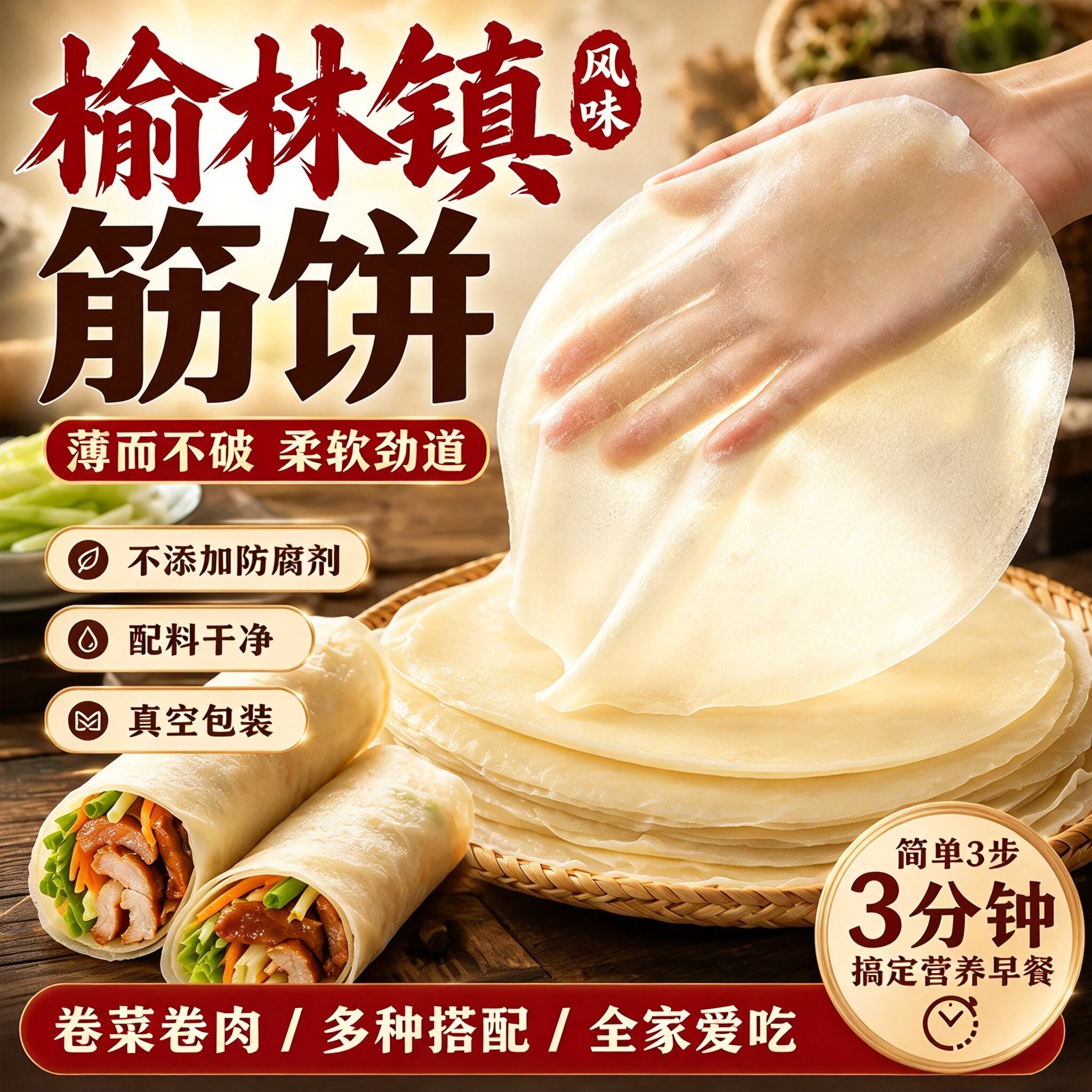 榆林镇风味筋饼纯手工薄饼皮东北特产早餐春饼卷菜饼菜烤鸭饼商用
