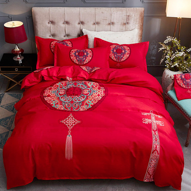 特价红色结婚四件套婚庆出嫁婚嫁床上大红喜被系婚房简约床单被套,床上用品,婚庆床品套件,淘宝优惠券,粉丝福利购,淘宝优惠卷