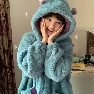 珊瑚绒睡袍冬季女款睡衣新款加绒加厚长款家居服卡通可爱浴袍冬