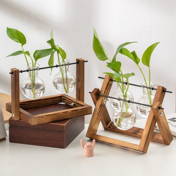 创意木支架 办公桌面装饰物 玻璃花瓶 客厅摆件 绿萝水培花瓶植物