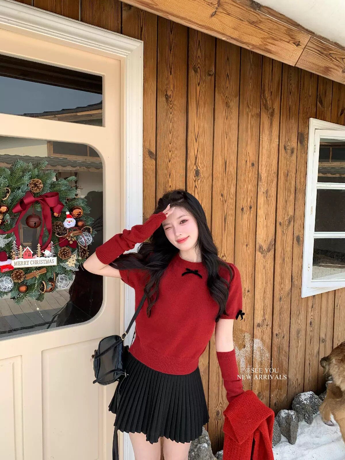 新年红！氛围感纯欲风短款带袖套蝴蝶结针织毛衣女装秋冬内搭上衣