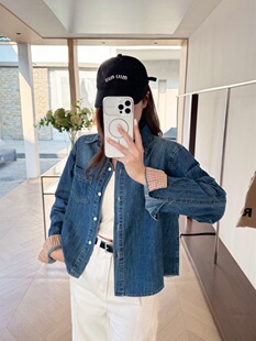 2026春款新款牛仔衬衣手袖拼格子撞色衬衫polo领内搭长袖上衣