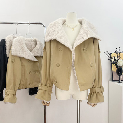 OAKMOO/"一夜的桂花树" 雾面柔光蓬松小羊羔毛毛短外套翻领派克服