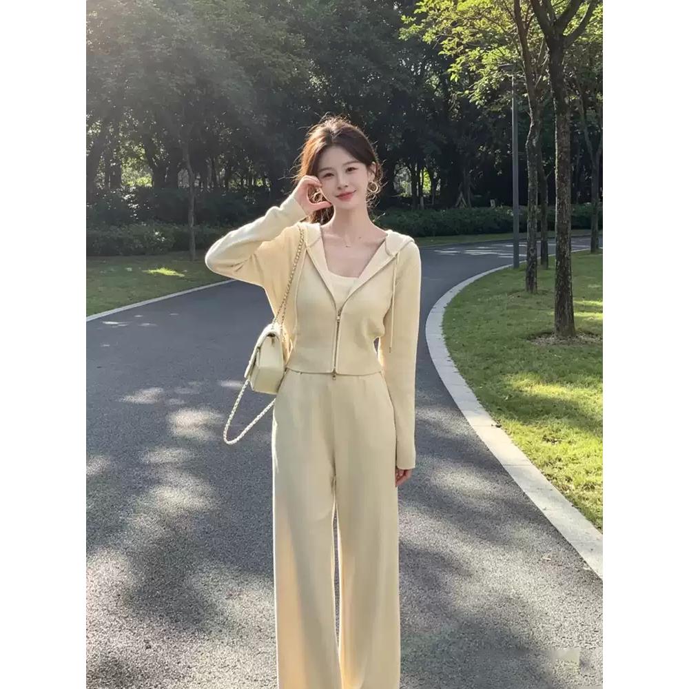 韩系慵懒风连帽针织两件套女夏新款温柔系开衫高腰显瘦阔腿裤穿搭