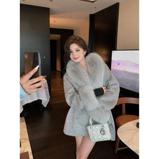 RCLIU月影恋人 2025新款灰色双面呢羊绒大衣女狐狸毛皮草毛呢外套