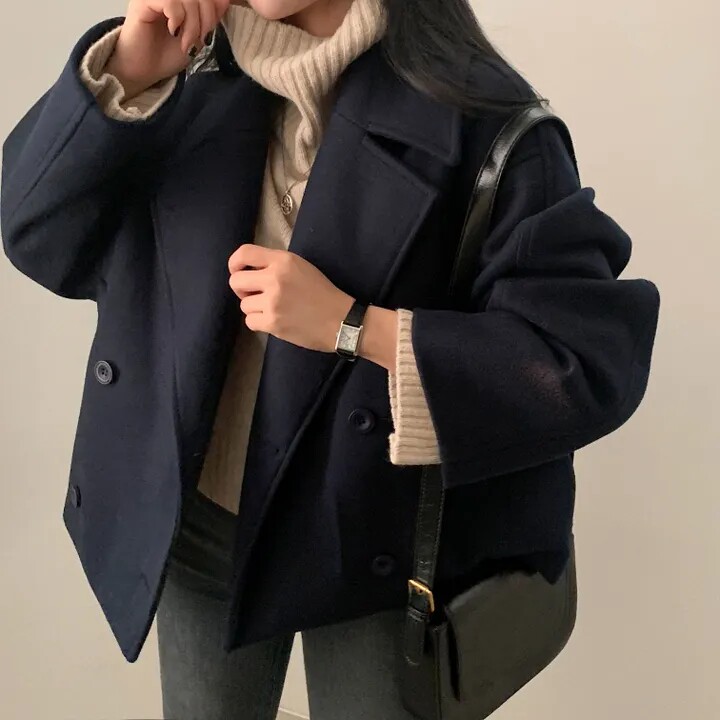 chic 韩版冬季复古英伦高级感翻领双排扣短款百搭毛呢风衣外套