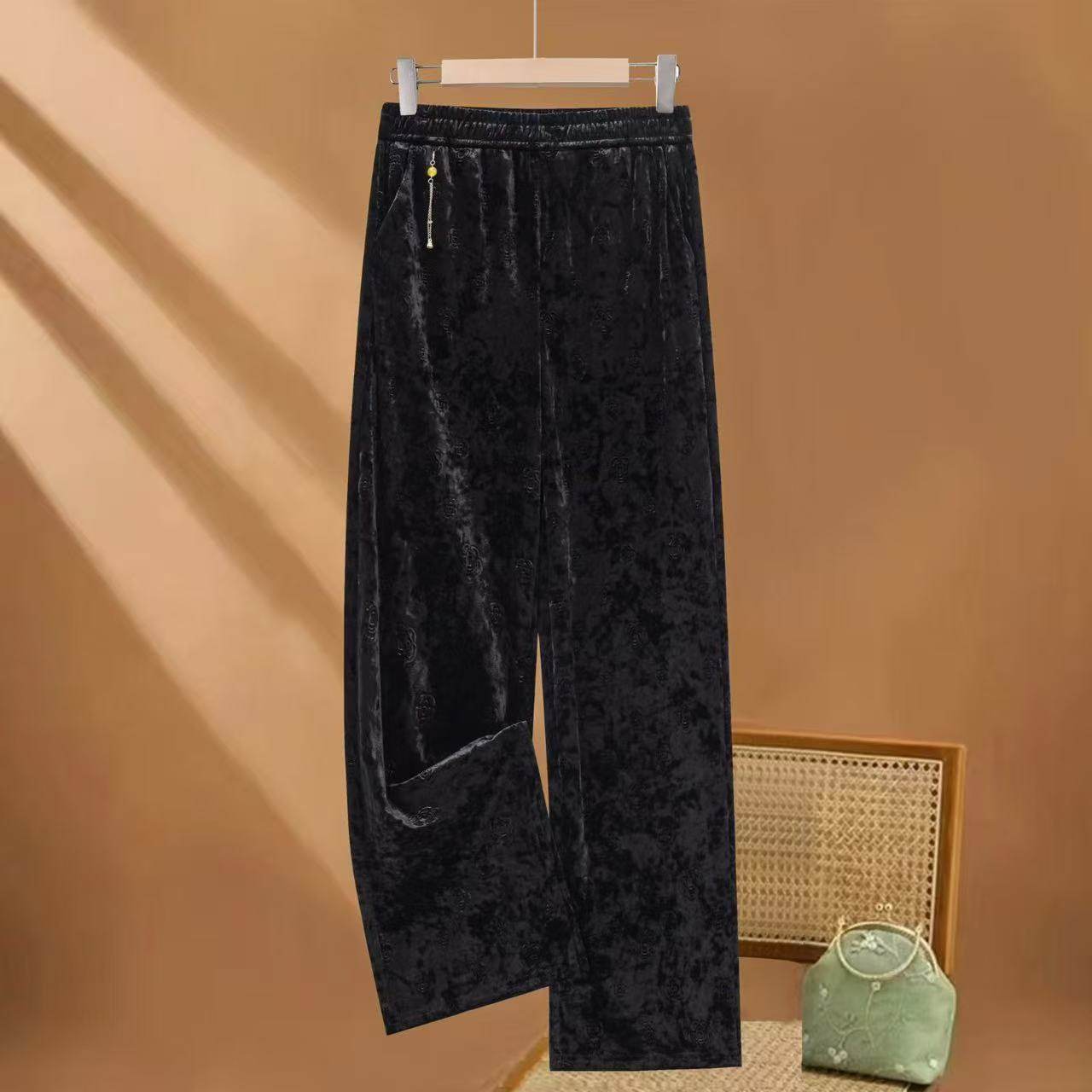 松紧腰国风休闲裤女2025春秋新品钻石绒裤子垂感直筒阔腿裤,女装/女士精品,休闲裤,淘宝优惠券,粉丝福利购,淘宝优惠卷