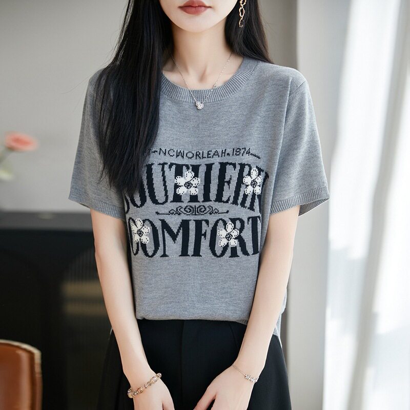 夏季新款精纺羊毛五分袖T恤衫女式圆领套头内搭舒适透气轻薄感