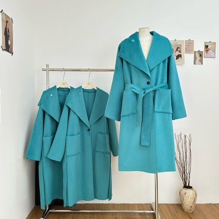 UVPU蓝色大衣2025秋冬季新款女高级蓝系带气质长款加厚双面呢外套