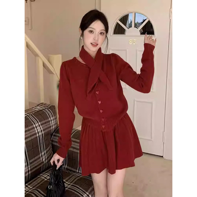 圣诞新年战袍红色针织毛衣套装裙子女秋冬季小个子香风高级感穿搭