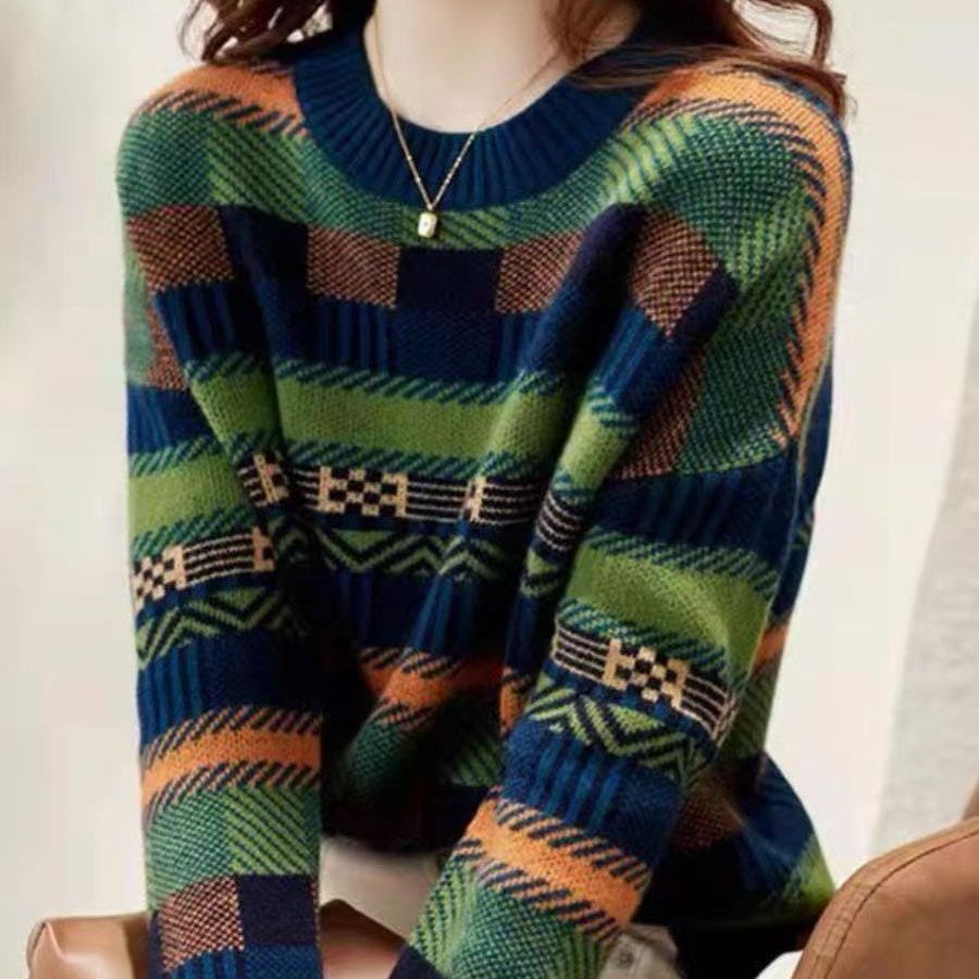 2025年秋冬新款圆领绿色宽松条纹羊毛针织衫毛衣女