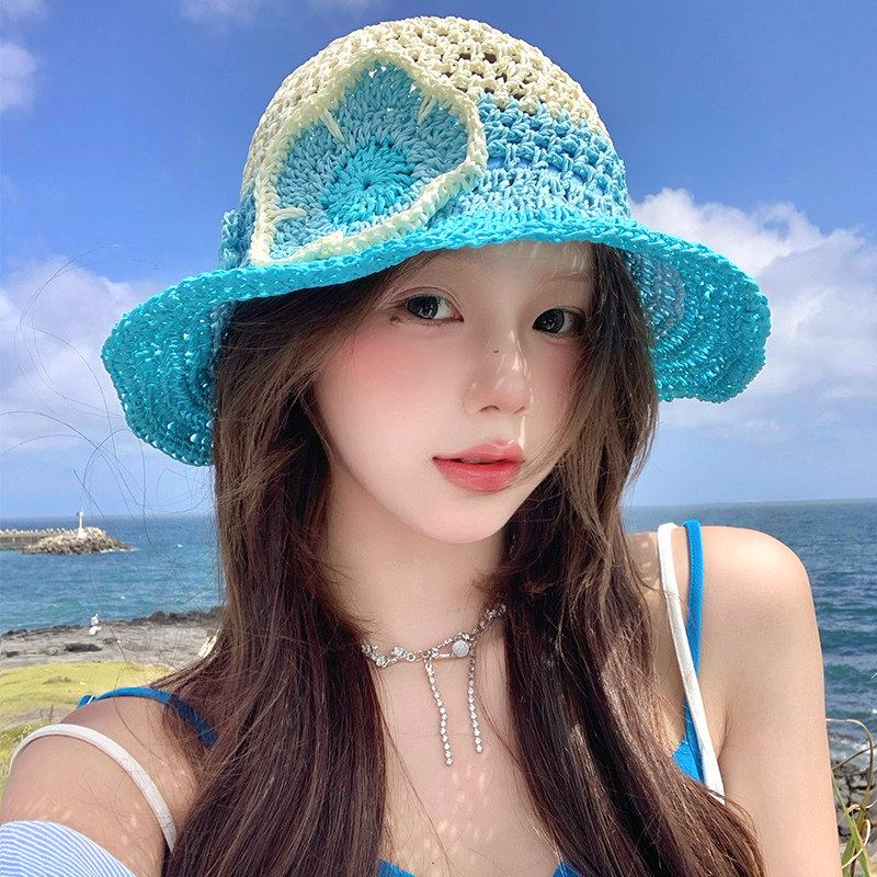山姆推荐日本法式田园蓝色花朵草帽女夏天海边度假风大帽檐显脸小