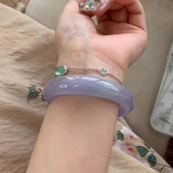 最相物“烟墨系列”冰种紫罗兰翡翠玉手镯子女飘花真玉石正品处理