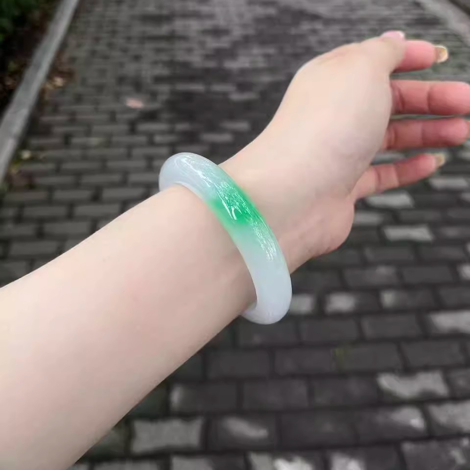 最相物"半见系列"缅甸老坑翡翠手镯半山水白底青玉手镯平安镯处理