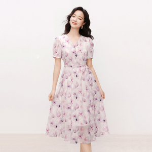 【玫瑰裙】珂莱商场同款2025夏季新款女装茶歇蝴蝶印花短袖连衣裙