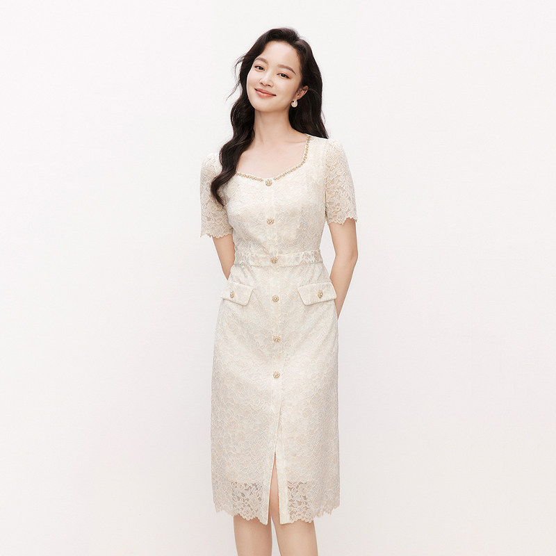 【玫瑰裙】珂莱商场同款2026夏季新款女装法式蕾丝收腰短袖连衣裙