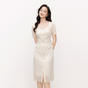 【玫瑰裙】珂莱商场同款2026夏季新款女装法式蕾丝收腰短袖连衣裙