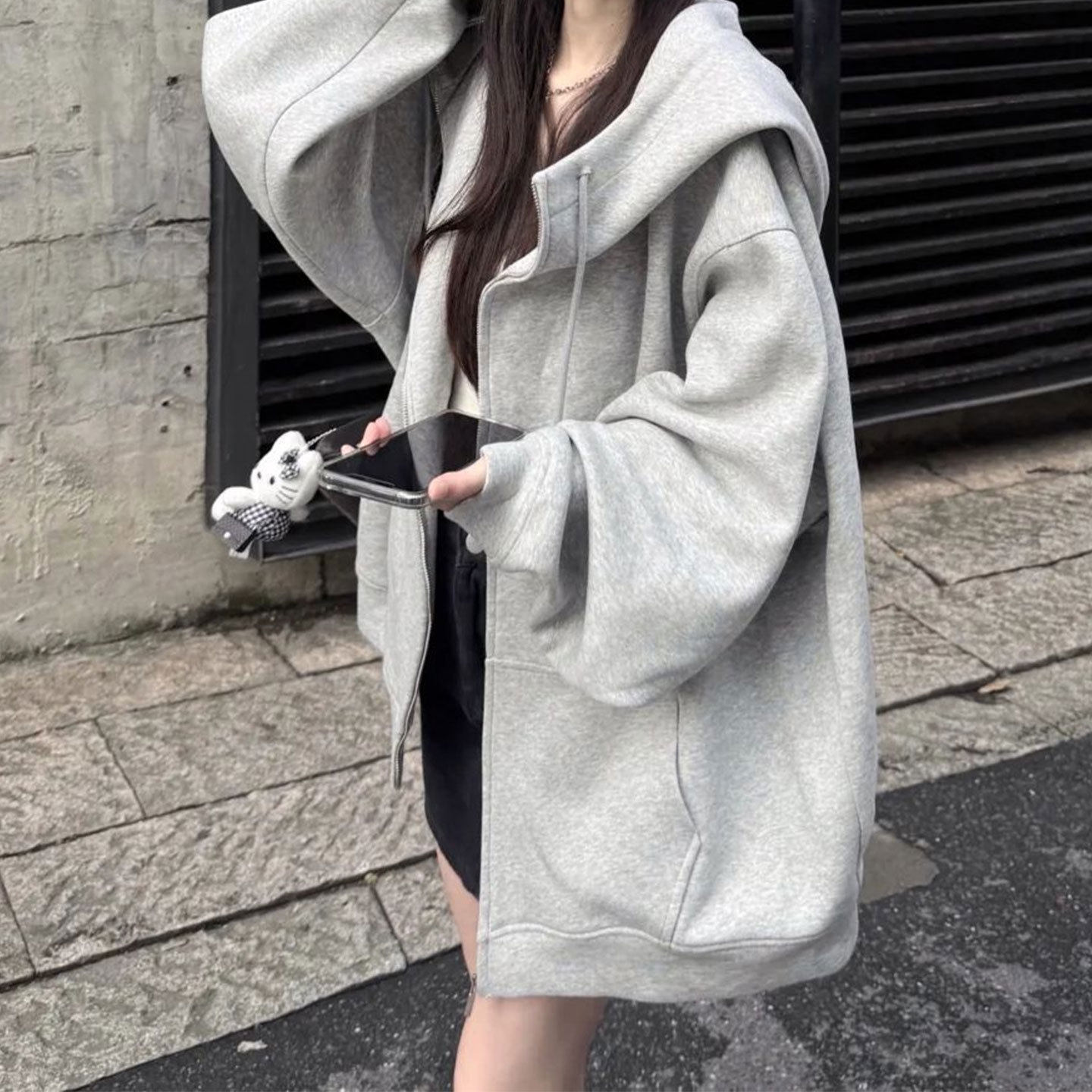加绒卫衣女2025新款秋冬季灰色连帽外套大码宽松加厚慵懒美式上衣