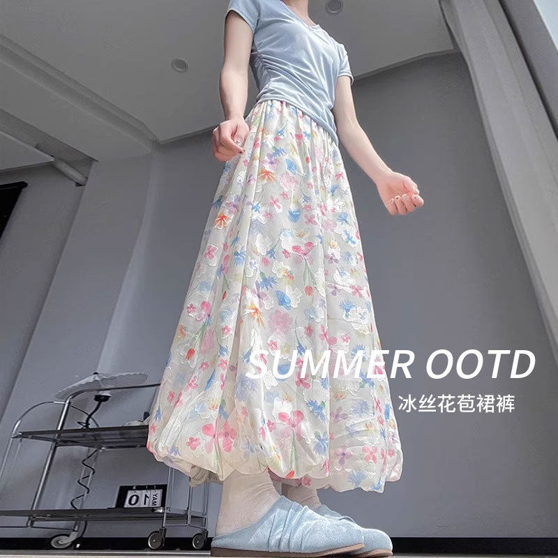 花苞蓬蓬a字半身裙女夏季薄款2025新款高腰宽松垂感冰丝阔腿裙裤