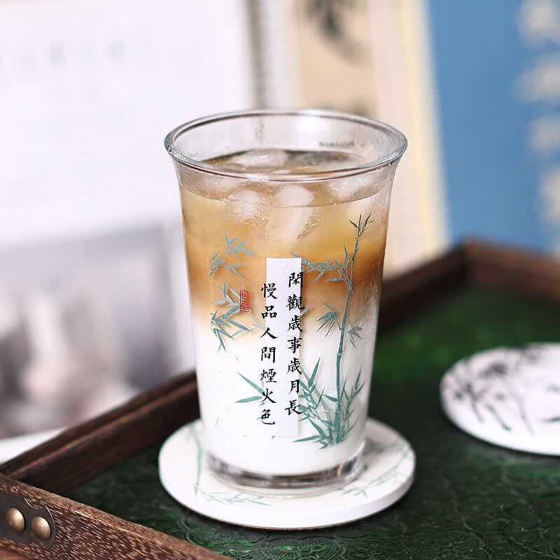 自制中古国风书法玻璃杯子竹子饮料奶茶杯冰咖啡杯啤酒杯商用