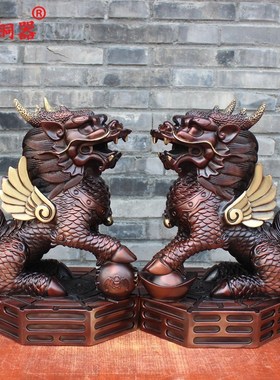 宇卓铜器 纯铜麒麟黄铜八卦麒麟踩球踩元宝公母工艺品桌面摆件