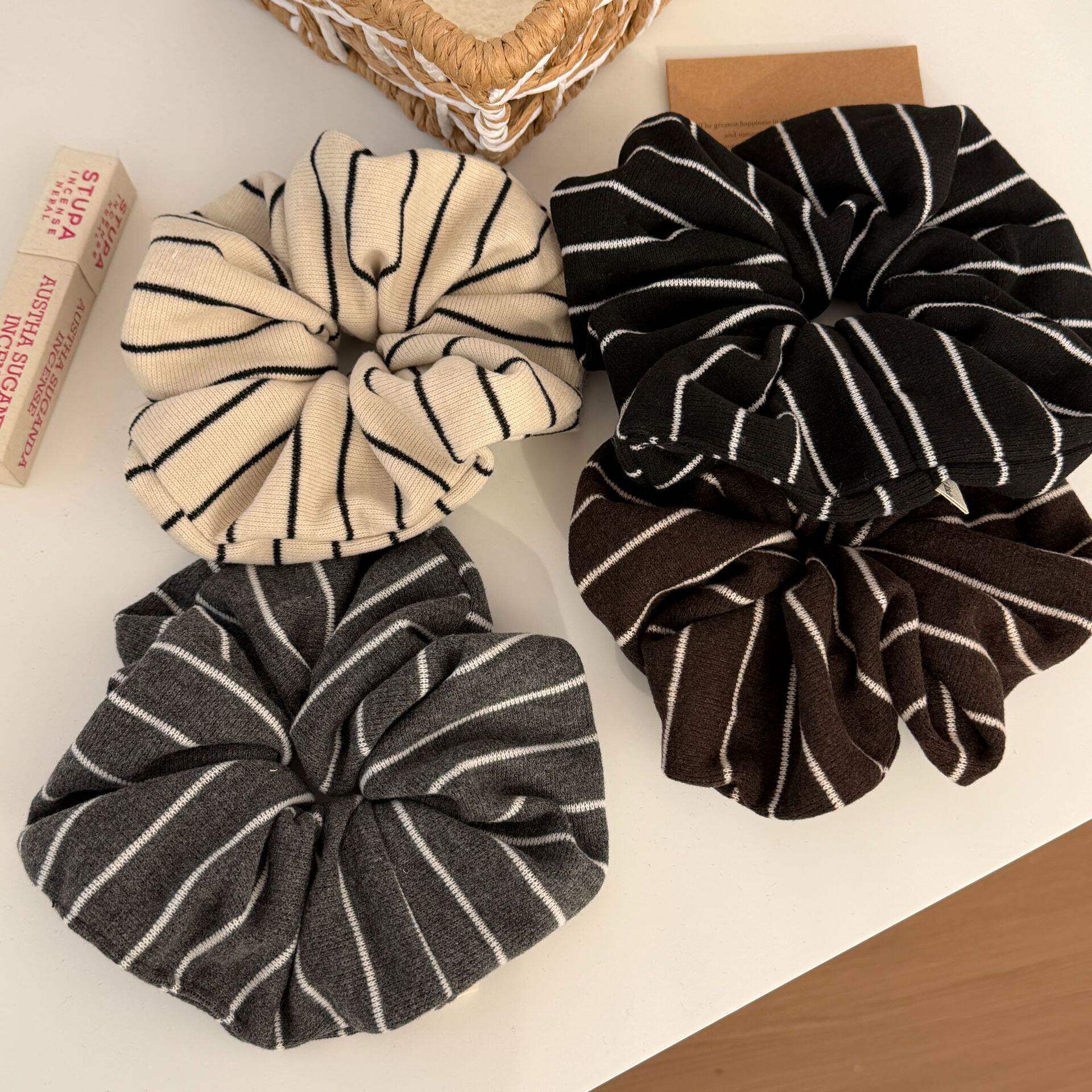 新款韩系简约秋季条纹少女大肠发圈高弹力复古丸子头发圈百搭发饰