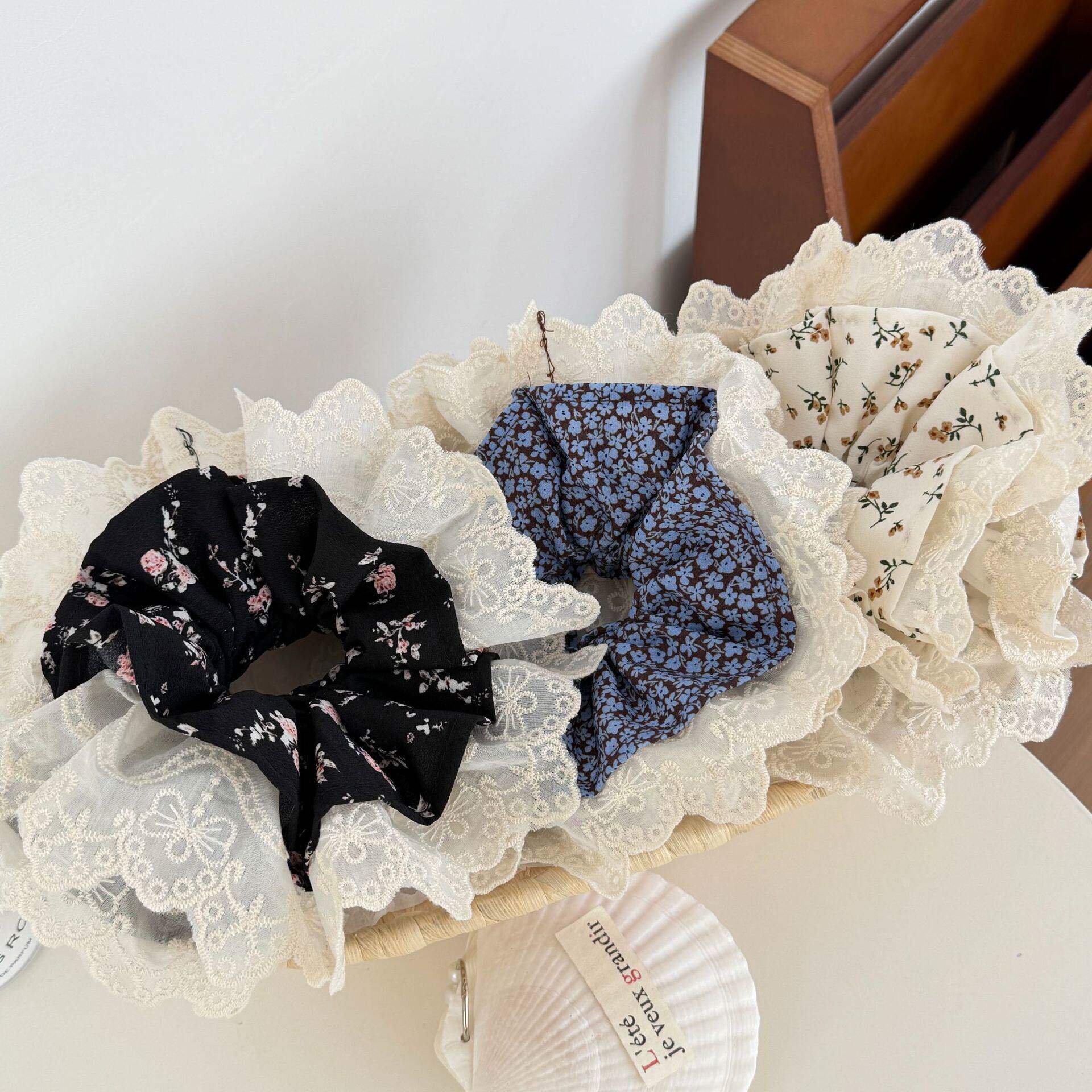 新款韩版时尚甜美蕾丝碎发发圈少女高弹力丸子头大肠圈简约马尾圈