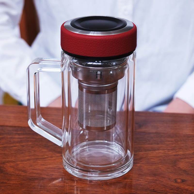 带把手办公茶杯家用水杯男女创意隔离杯双层玻璃杯分离泡茶叶杯子