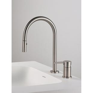 极简镍拉丝全铜家用浴室梳洗台旋转分体式双孔抽拉洗脸面盆水龙头