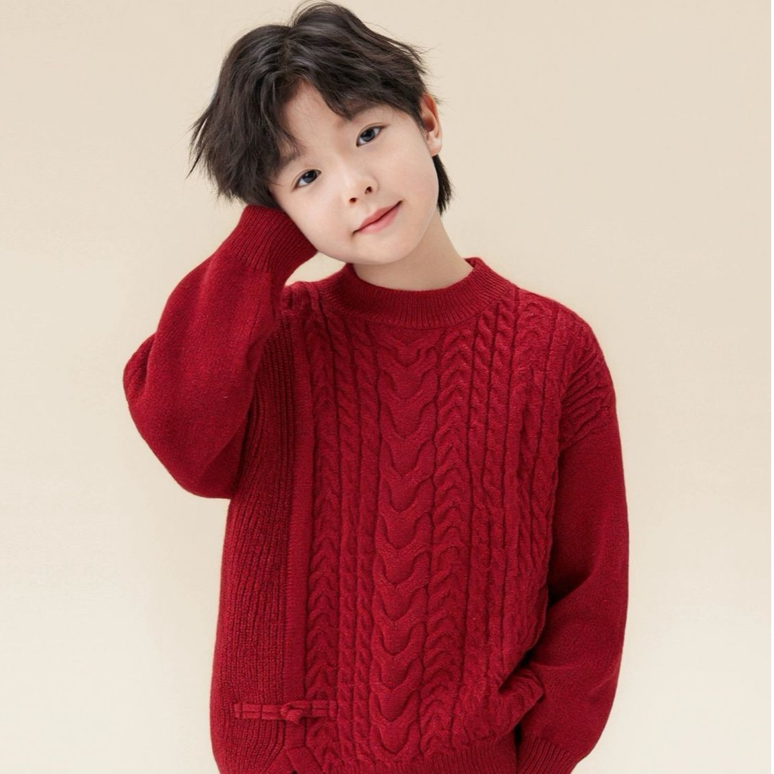 男童洋气复古麻花红色毛衣中大童圆领套头针织衫宽松新年拜年服潮